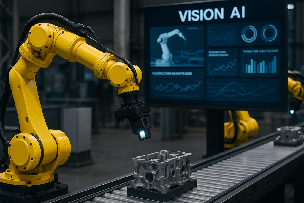 Digital infographic showing Vision AI reducing electronics manufacturing defects by 48% in one quarter